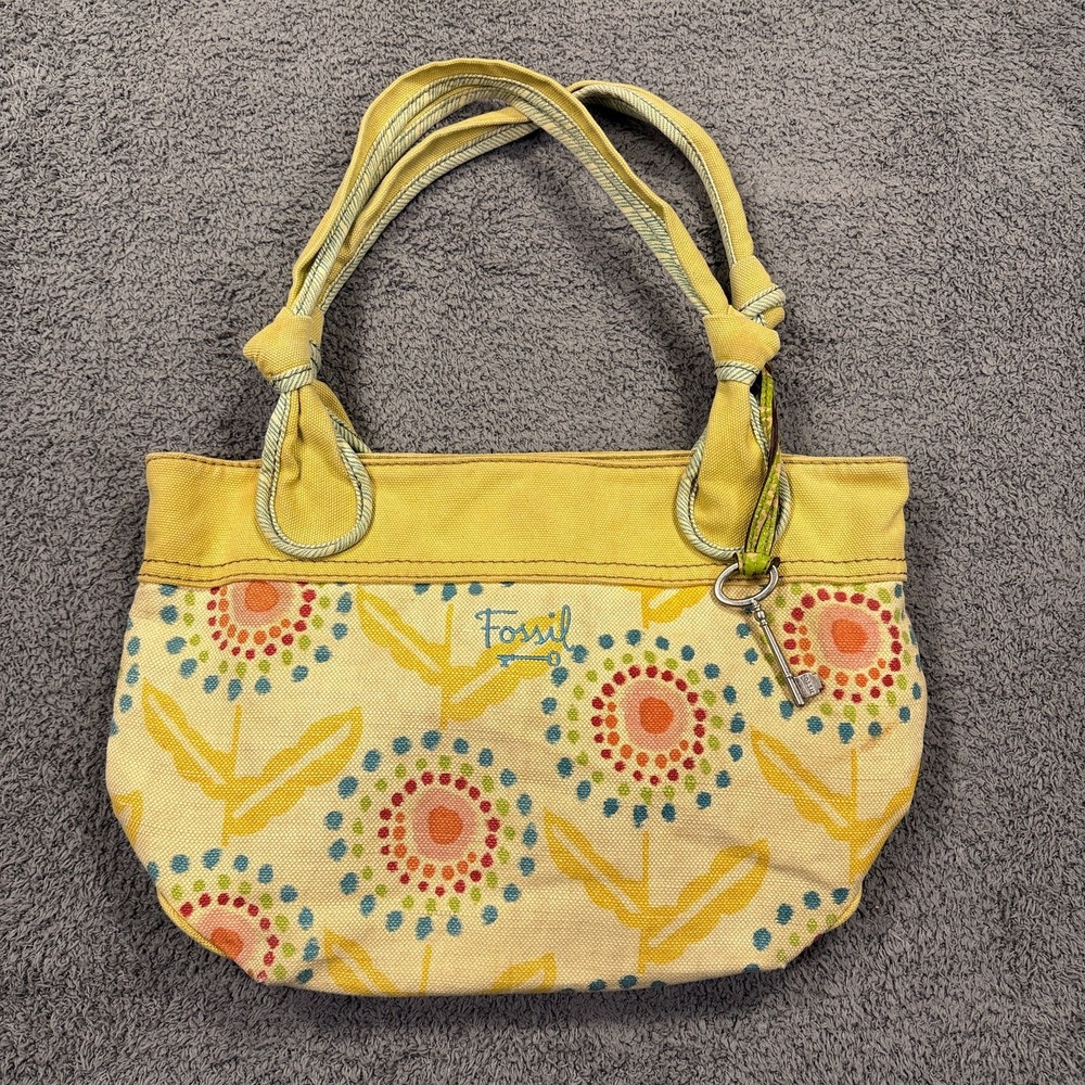 Fossil Shoulder Bag‎ Womens Medium Canvas Floral Print Key Charm Retro Purse